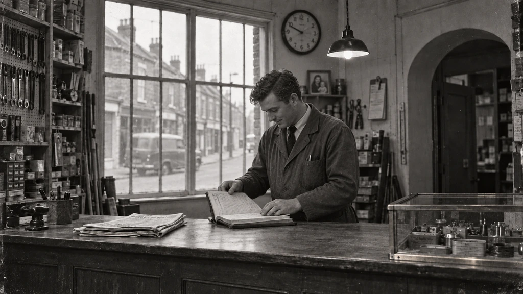 AI-generated conceptual illustration of a young father reading a newspaper in a 1960-era shop.