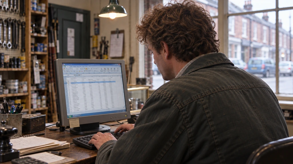 AI-generated conceptual illustration of the son viewed over his shoulder while working in an Excel-style spreadsheet in 2008. The screen faces him.