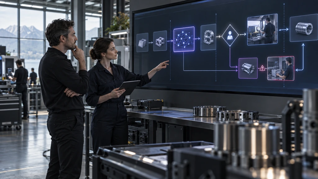 AI-generated conceptual illustration of a business owner and operations lead examining an AI workflow with decision boundaries.