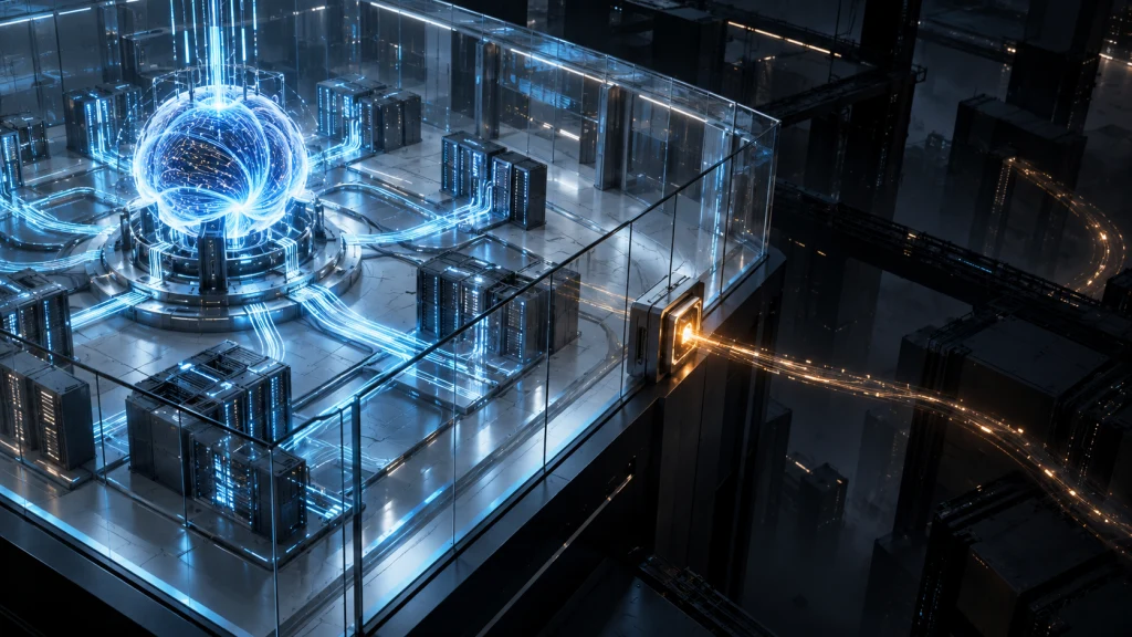 A secure AI operations chamber with a luminous core, guarded server systems and one controlled connection leading beyond the glass boundary.