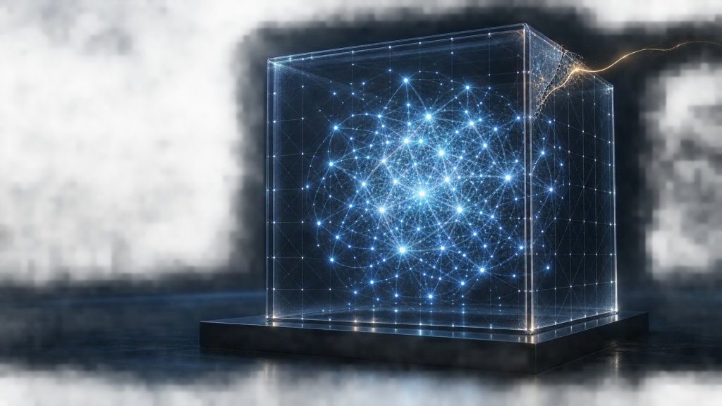 A luminous AI network contained inside a transparent cube with a fracture allowing a signal to escape.