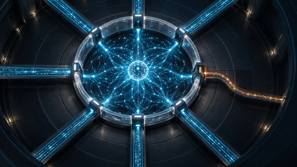 A top-down AI control chamber with a luminous core and channels held inside a circular containment ring.