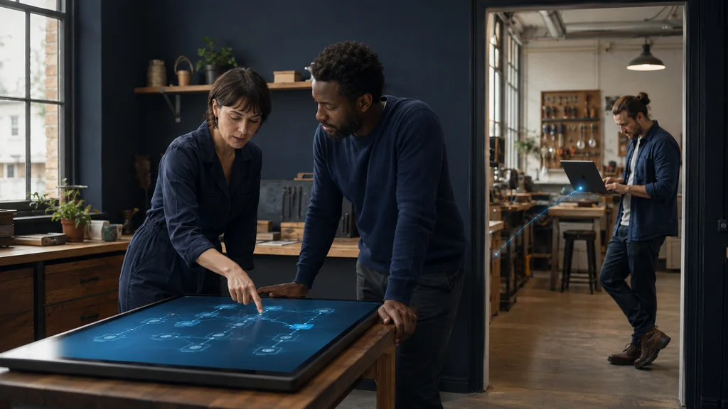 Fictional colleagues explaining and testing a workflow together.