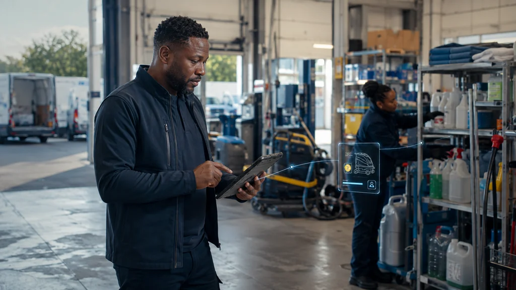 An illustrated business owner uses a tablet beside colleagues and supplies.