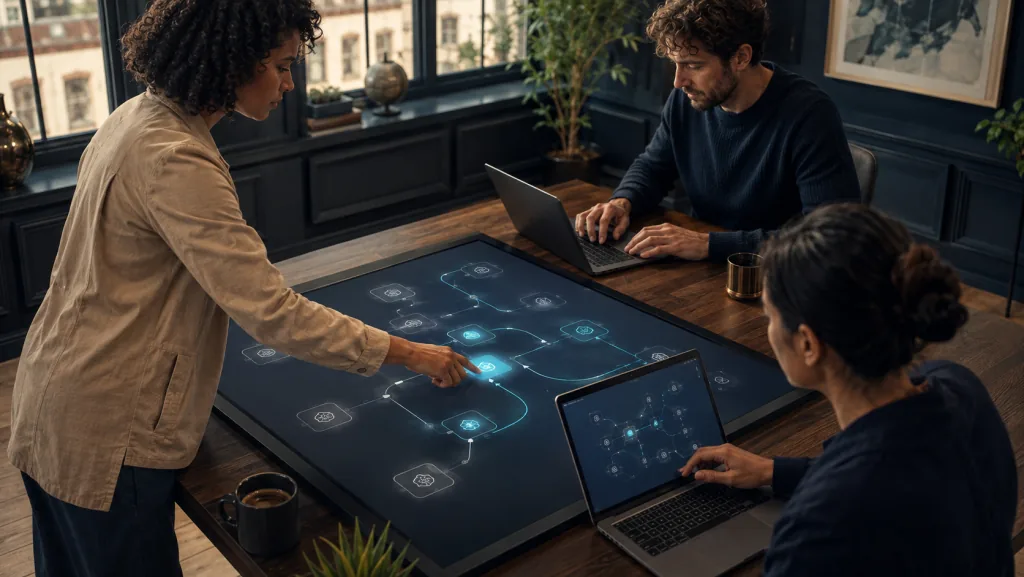 Fictional colleagues working together around a shared digital table.