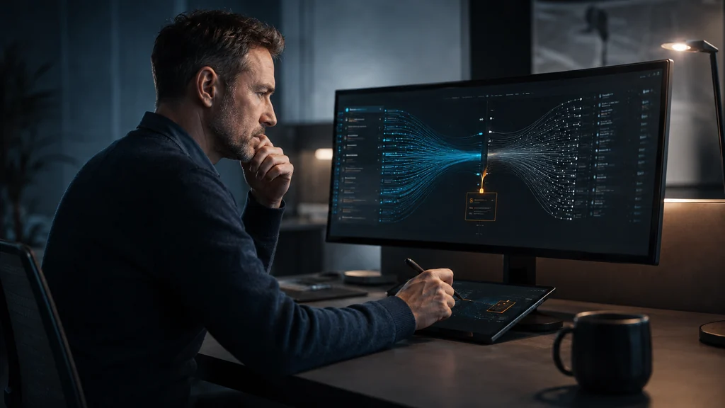 A fictional analyst checks connected records on a screen.